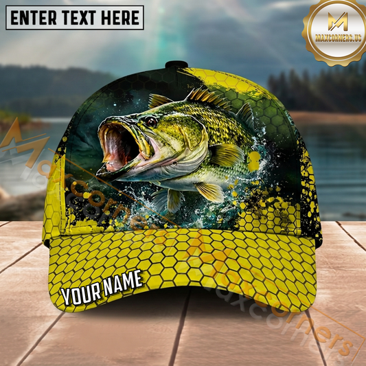 Maxcorners Fishing Yellow Honeycomb Splash Personalized Name 3D Cap (12 Fish Species)