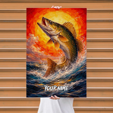 Maxcorners Largemouth Bass Fishing Fire Wave Sunset Style Personalized Name 3D Poster