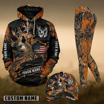 Maxcorners Hunting Whitetail Deer American Flag Orange Camo Personalized 3D Combo Hoodie, Legging Set & Cap