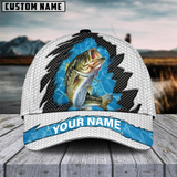 Maxcorners Bass Fishing White Blue Wave Fishnet Customized Name 3D Cap