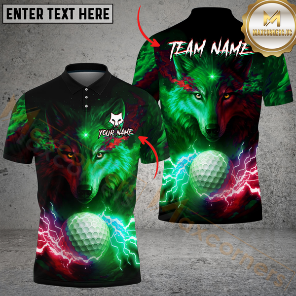 Maxcorners Water Wolf & Fire Wolf Pattern Golf Shirt – Lightning 3D Design Multicolor Customized Name, Team Name 3D Shirts