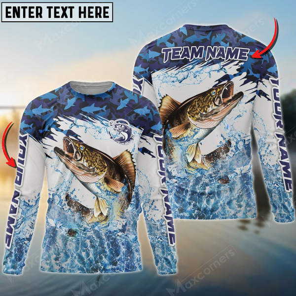 Maxcorners Walleye Fishing Blue Clear Camo Sport Personalized Name, Team Name 3D Long Sleeve Shirt