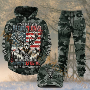 Maxcorners Hunting Skull American Flag Dark Camo Personalized 3D Combo Hoodie, Sweatpants Set & Cap