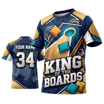 Maxcorners Cornhole King Of Boards Navy Gold Personalized Name 3D Unisex Shirt