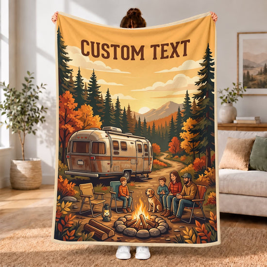 Maxcorners RVs Travel Trailer Forest Sunset Family Camping Custom Name 3D Blanket