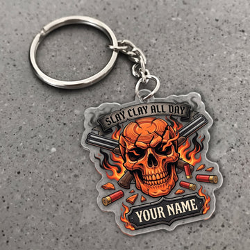 Maxcorners Clay Shooting Slay Clay All Day Flaming Skull Customized Name 3D Keychain And Ornament