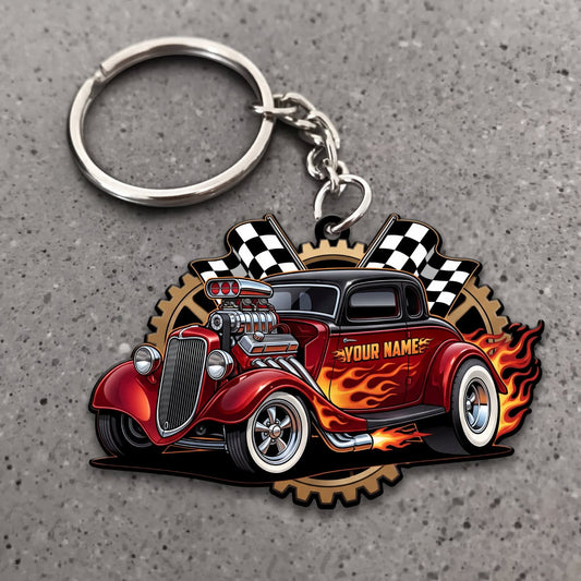 Maxcorners Hot Rod Red Vintage Roadster with Checkered Racing Flags and Orange Flames Personalized Name 3D Keychain And Ornament