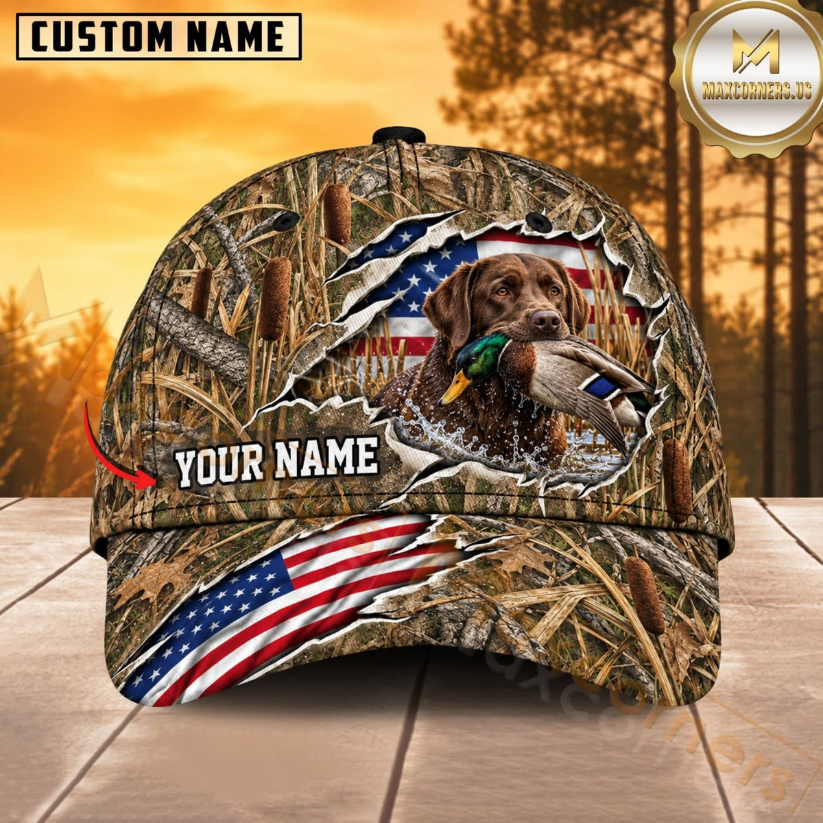 Maxcorners Dog Hunting And Duck Woodland Camo Torn American Flag Personalized Name 3D Cap