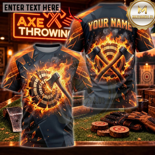 Maxcorners Axe Throwing Flaming Steel Crossed Axes Personalized Name 3D Unisex Shirt