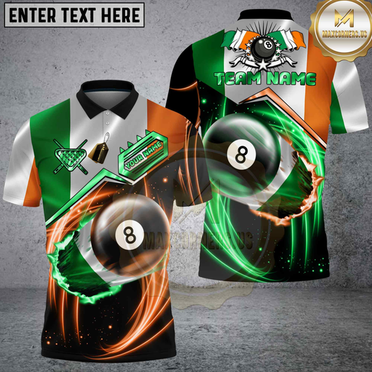 Maxcorners Billiards Ireland Flag 8 Ball Green Energy Swirl Personalized Name 3D Unisex Shirt