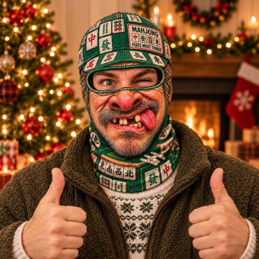 Maxcorners Mahjong Tiles Funny Old Man Face Tongue Out Christmas Cap Personalized 3D Balaclava Face Mask