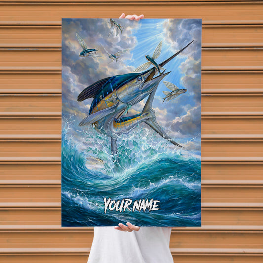 Maxcorners Blue Marlin Fishing High Jump Ocean Sky Style Personalized Name 3D Poster