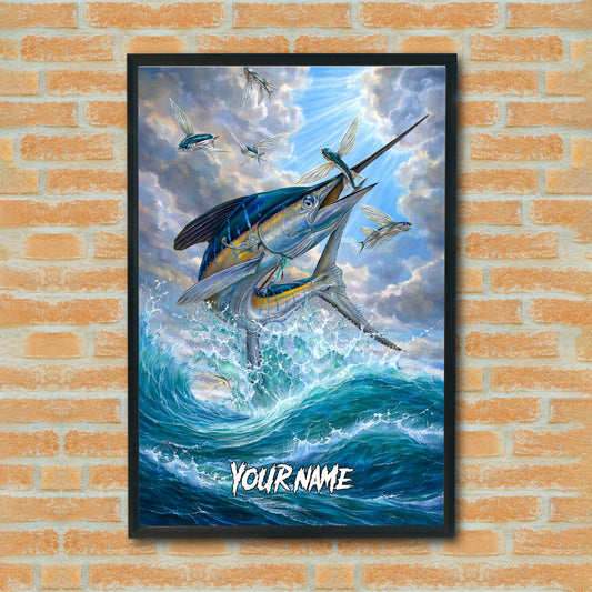 Maxcorners Blue Marlin Fishing High Jump Ocean Sky Style Personalized Name 3D Poster