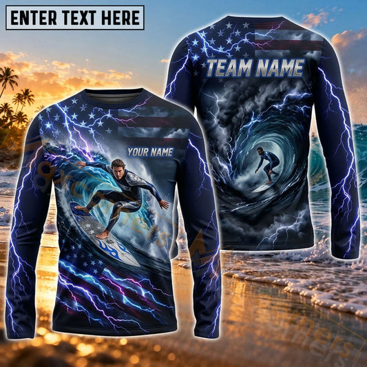 Maxcorners Surf Blue Ocean Wave Art Customized Name, Team Name 3D Long Sleeve Shirt