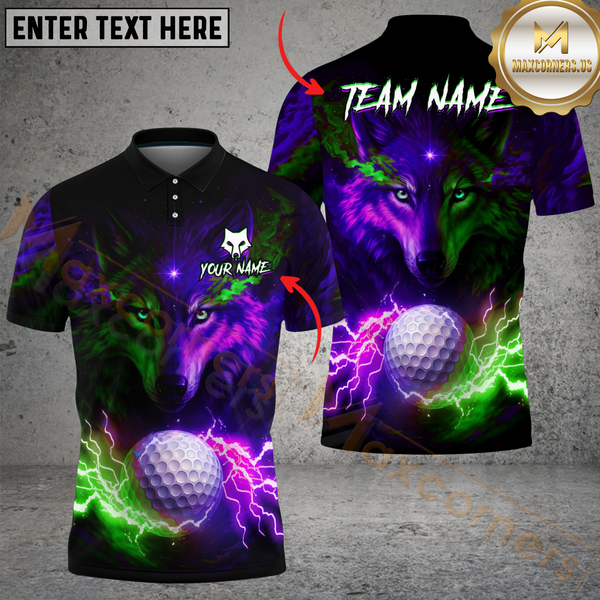 Maxcorners Water Wolf & Fire Wolf Pattern Golf Shirt – Lightning 3D Design Multicolor Customized Name, Team Name 3D Shirts