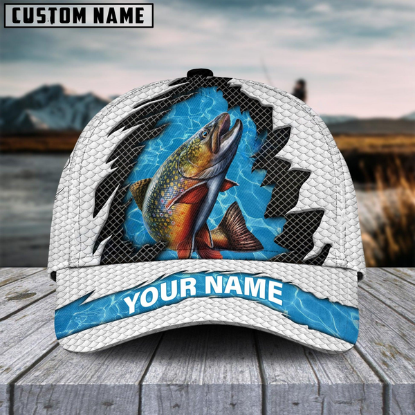 Maxcorners Trout Fishing White Blue Wave Fishnet Customized Name 3D Cap