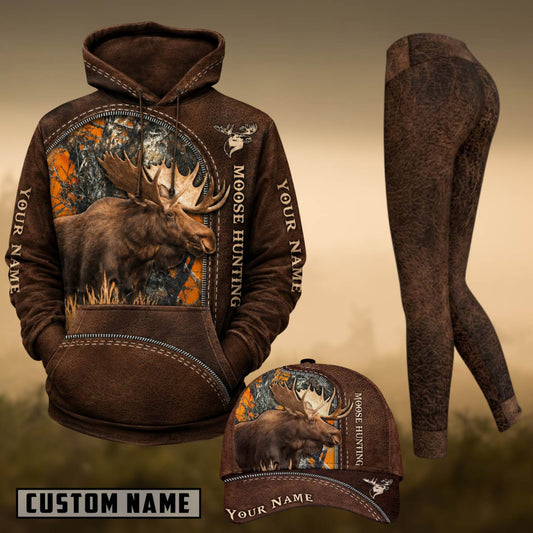 Maxcorners Hunting Moose Hunting Brown Leather Orange Camo Personalized 3D Combo Hoodie, Legging Set & Cap
