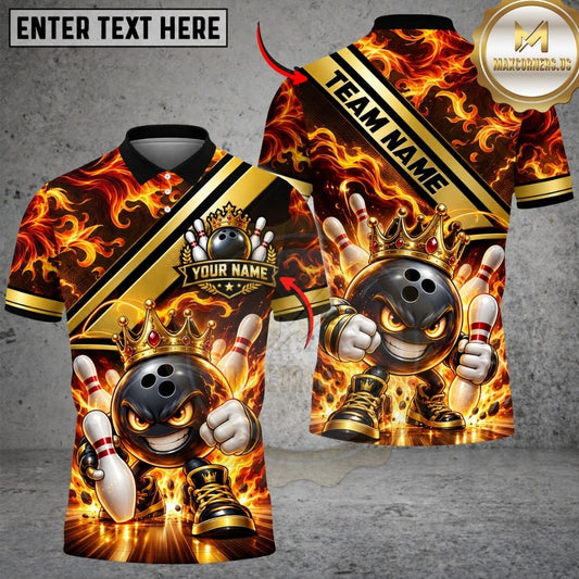 Maxcorners Bowling Angry Ball Mascot Crown Fiery Flames Ribbon Stripe Pins Artwork Multicolor Customized Name, Team Name 3D Shirts