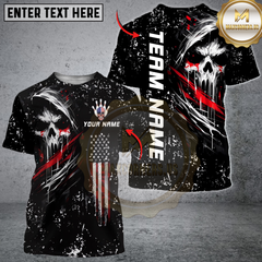 Maxcorners Bowling Grim Skull with American Flag Personalized Name 3D Unisex Shirt
