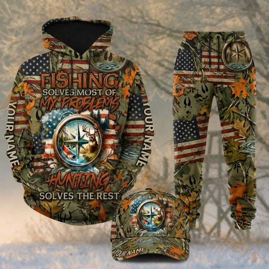 Maxcorners Hunting Fishing American Flag Outdoor Camo Personalized 3D Combo Hoodie, Sweatpants Set & Cap