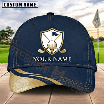 Maxcorners Golf Navy Gold Shield Personalized Name 3D Cap