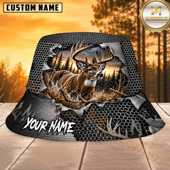 Maxcorners Deer Hunting Dark Carbon Antler Personalized Name 3D Bucket Hat
