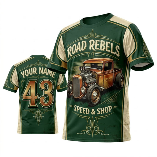 Maxcorners Personalized Car Classic Muscle Car 3D T-Shirt – Road Rebels Forest Green Vintage Racing
