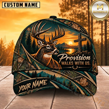 Maxcorners Deer Hunting Whitetail Buck Provision Walks with Us Teal Camo Customized Name 3D Cap