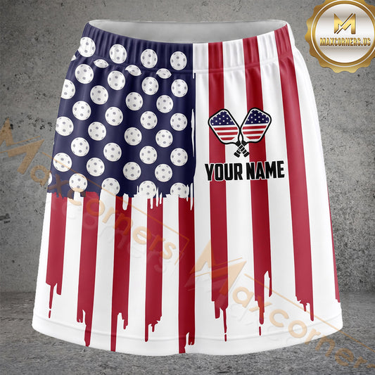Maxcorners Pickleball American Flag Paddle Emblem Personalized 3D Skort, Skirts With Shorts