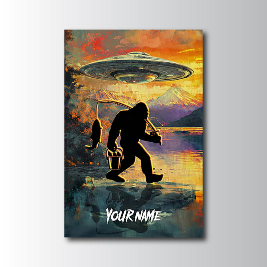 Maxcorners Fishing UFO Lake Bigfoot Silhouette Personalized Name 3D Poster