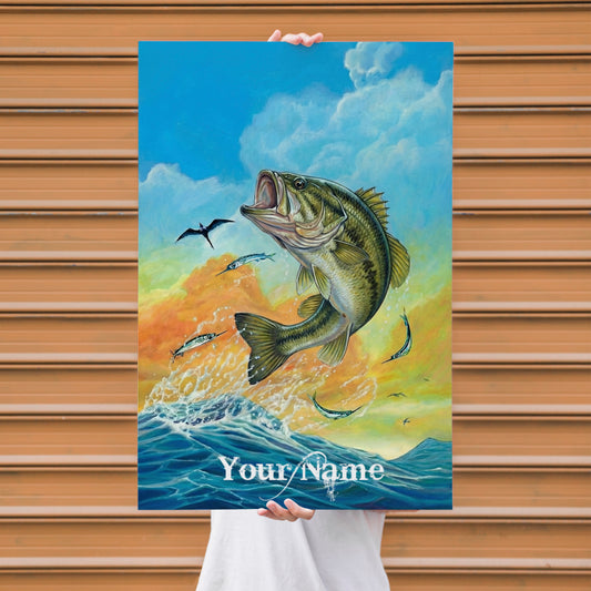 Maxcorners Bass Fishing Jumping Ocean Sunset Illustration Personalized Name 3D Poster
