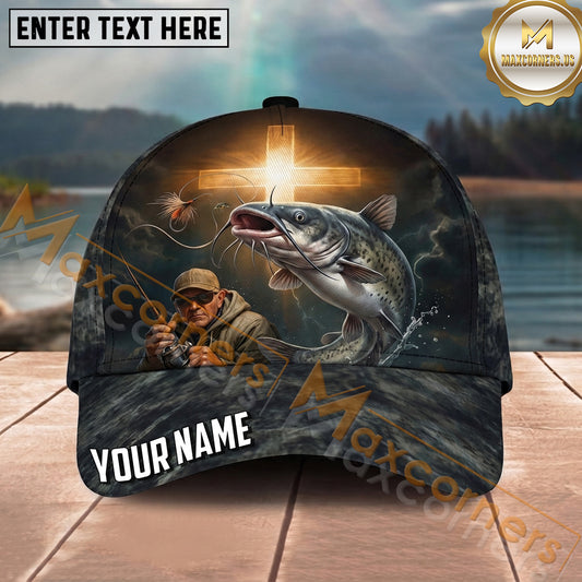 Maxcorners Fishing Cross Angler Storm Personalized Name 3D Cap (12 Fish Species)