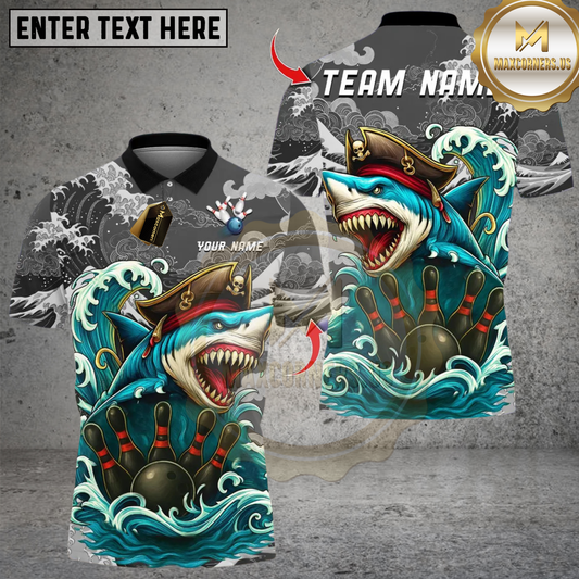 Maxcorners Bowling Shark Pirate Multicolor Customized Name, Team Name 3D Shirts