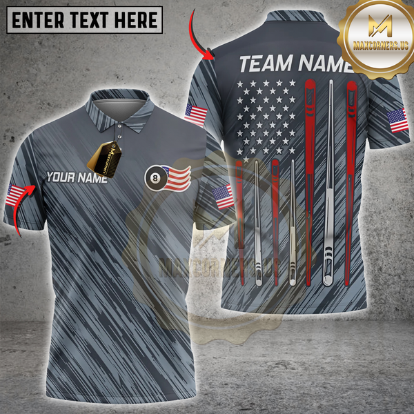 Maxcorners Billiards 8-Ball with American Flag and Pool Cues Personalized Name 3D Unisex Shirt
