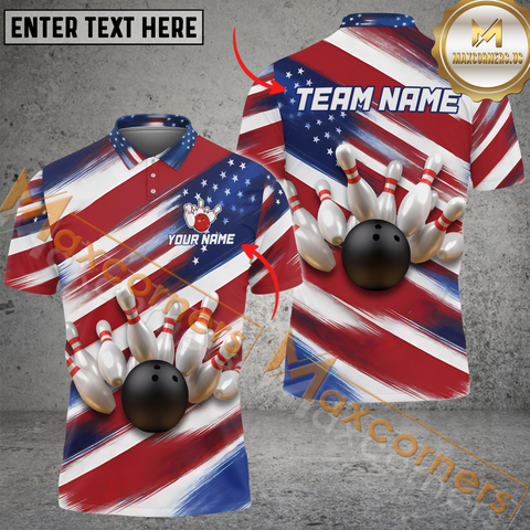 Maxcorners US Flag Color Bowling Jersey Customized Name, Team Name 3D Polo Shirt