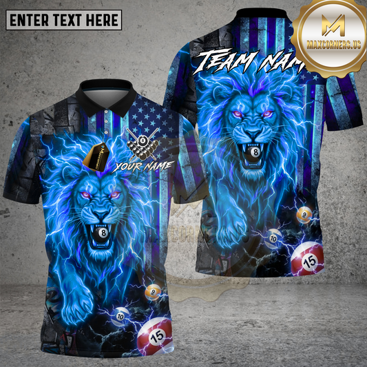 Maxcorners Billiards Shirt Purple Fire Lion USA Flag Multicolor Options Personalized Name, Team Name 3D Shirt (4 Colors)