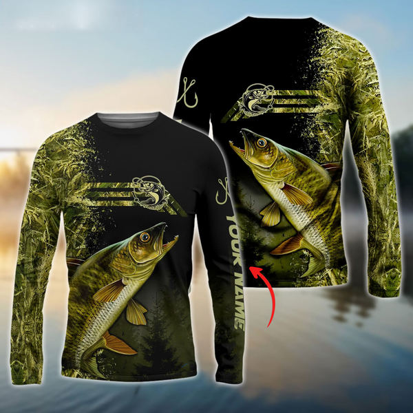 Maxcorners Walleye Fishing Camouflage Personalized Name, Team Name 3D Long Sleeve Shirt