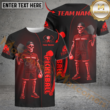 Maxcorners Pickleball Skeleton Funny Customized Name, Team Name 3D Shirt (4 Colors)