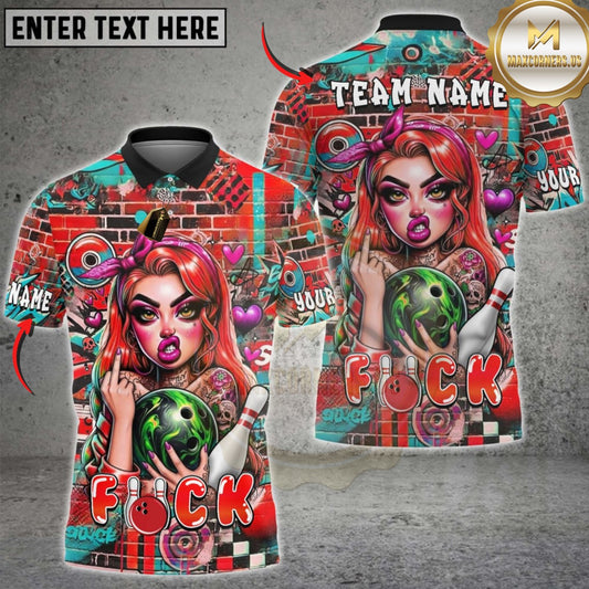 Maxcorners Bowling Punk Girl Graffiti Wall Bowling Ball Tattoo Style Multicolor Customized Name, Team Name 3D Shirts