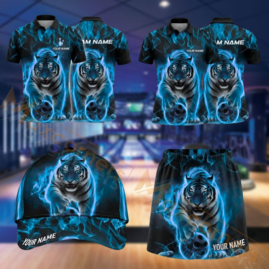 Maxcorners Bowling Flaming Tiger Bowling Ball Design Personalized Team Sportswear Set - Polo Shirt, Cap & Skorts