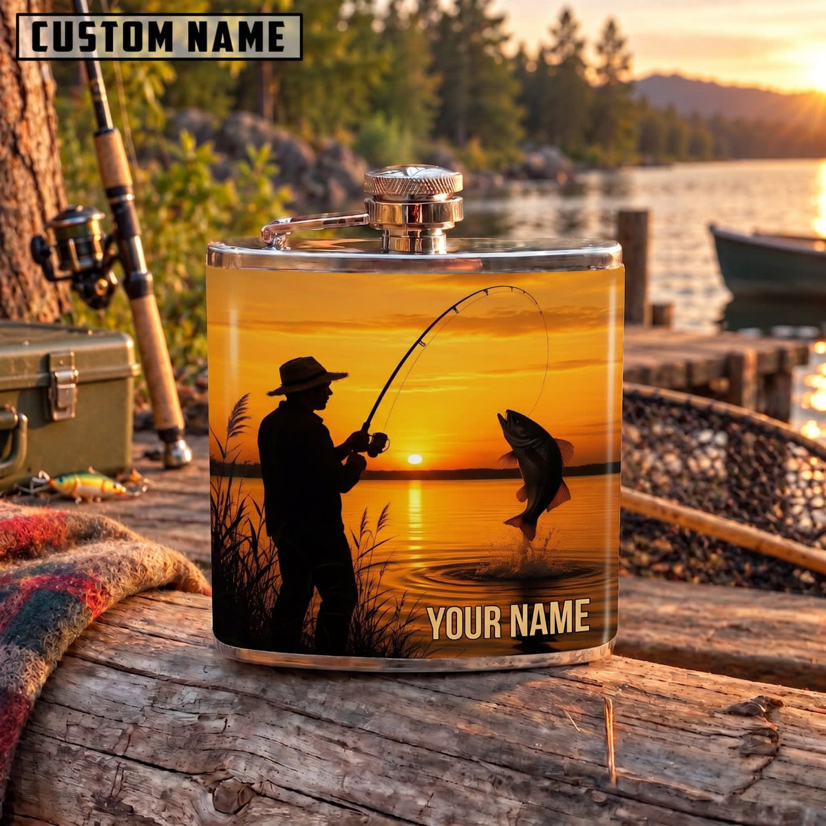 Maxcorners Fishing Sunset Fisherman Silhouette Catch Personalized Name 3D Hip Flask