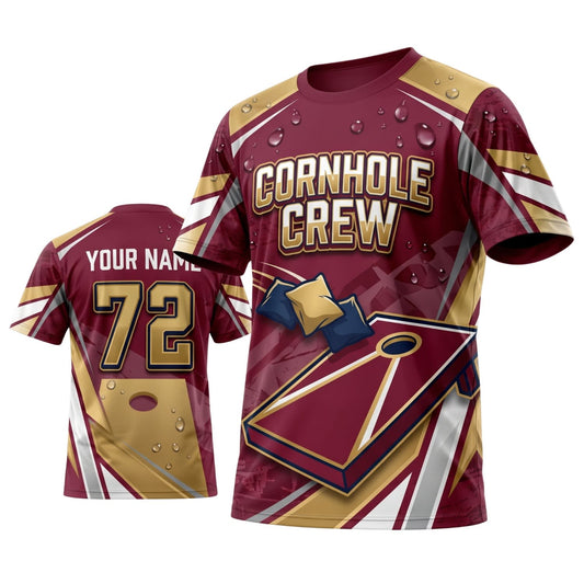 Maxcorners Cornhole Crew Burgundy Gold Personalized Name 3D Unisex Shirt