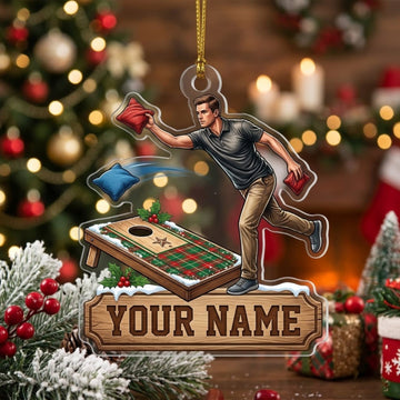 Maxcorners Cornhole Male Player Action Throw Customized Name 3D Keychain And Ornament