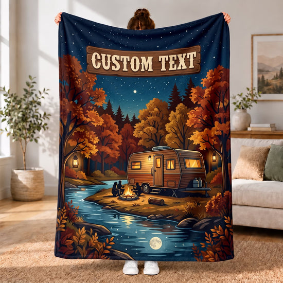Maxcorners RVs Travel Trailer Autumn Lakeside Night Custom Name 3D Blanket