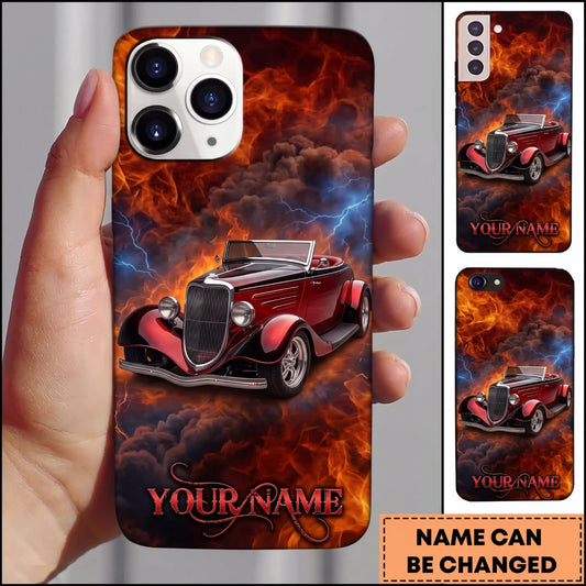 Maxcorners Hot Rod Red Vintage Car with Explosive Fire and Dark Smoke Personalized Name 3D Phone Case