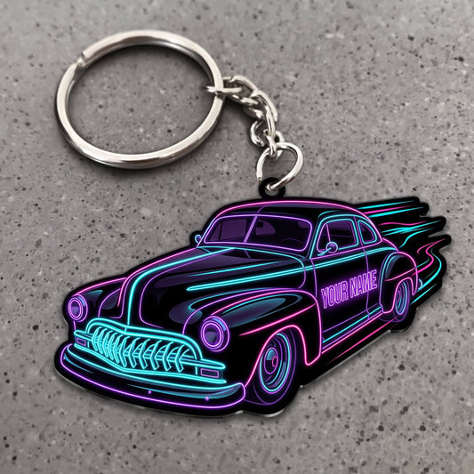 Maxcorners Hot Rod Purple Vintage Coupe with Cyan Neon Racing Stripes Personalized Name 3D Keychain And Ornament