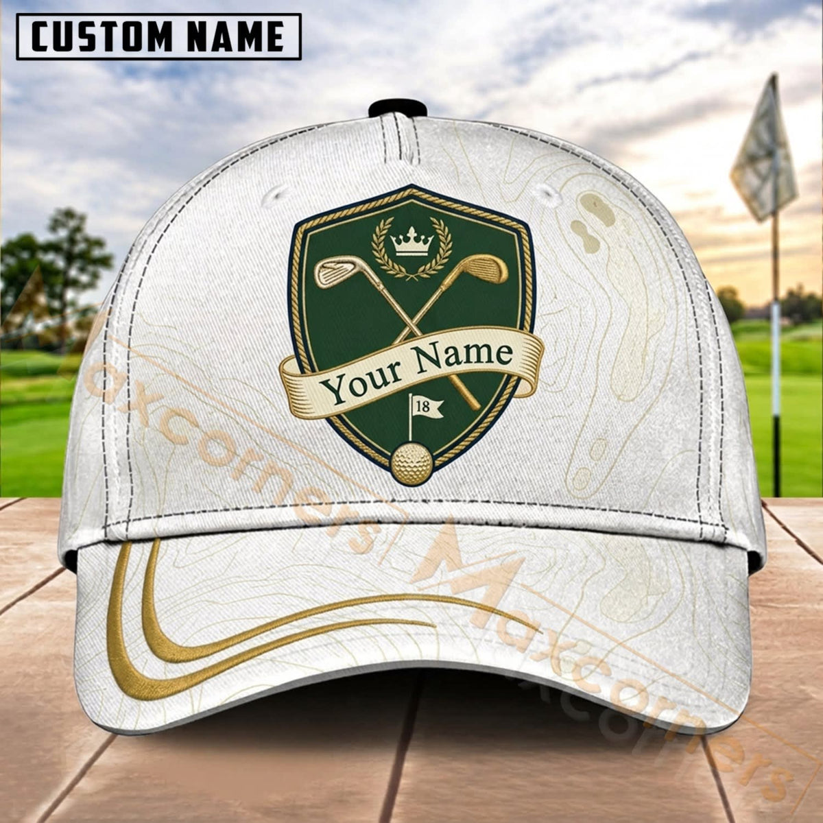 Maxcorners Golf Green Gold Shield Badge Personalized Name 3D Cap