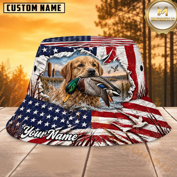 Maxcorners Duck Hunting Labrador Patriotic Field Personalized Name 3D Bucket Hat