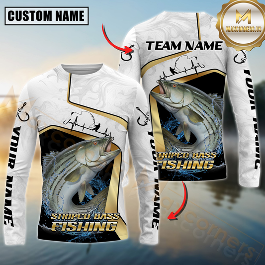 Maxcorners White Marble & Gold Trim Mahi Mahi Splash Heartbeat Line Personalized Name, Team Name 3D Long Sleeve Shirt