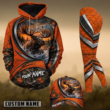 Maxcorners Hunting Moose Sunset Forest Orange Scale Personalized 3D Combo Hoodie, Legging Set & Cap